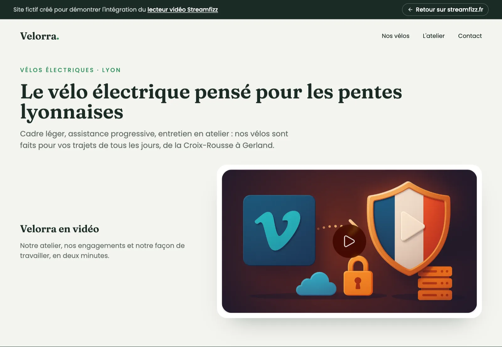 Site d'une entreprise fictive intégrant le lecteur vidéo Streamfizz en marque blanche