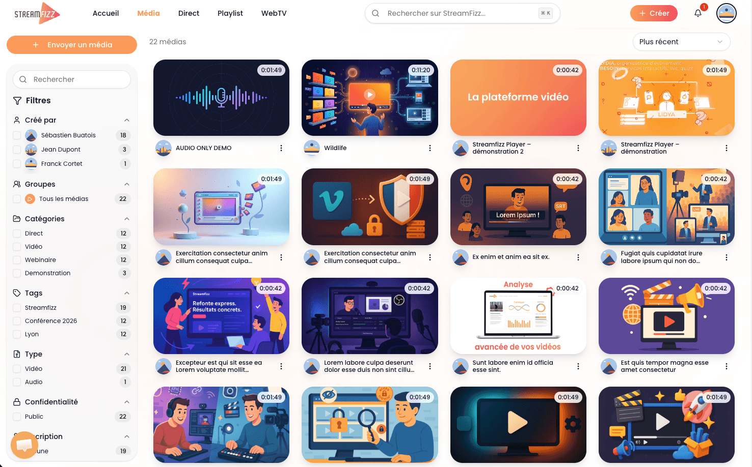 Bibliothèque de médias vidéo sur Streamfizz