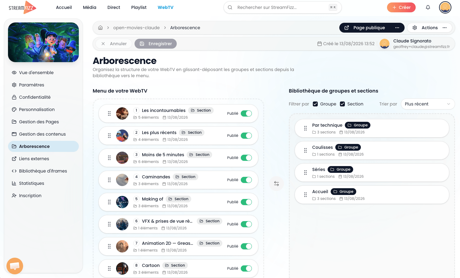 Arborescence d'une chaîne WebTV sur Streamfizz