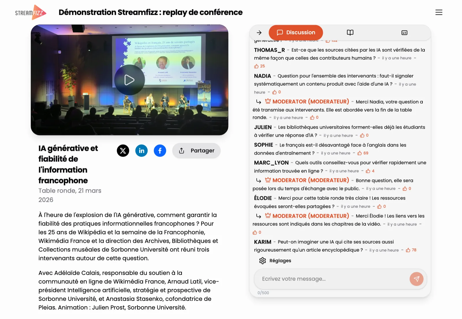 Page de lecture Streamfizz : replay d'une table ronde, partage sur les réseaux sociaux et questions du public modérées