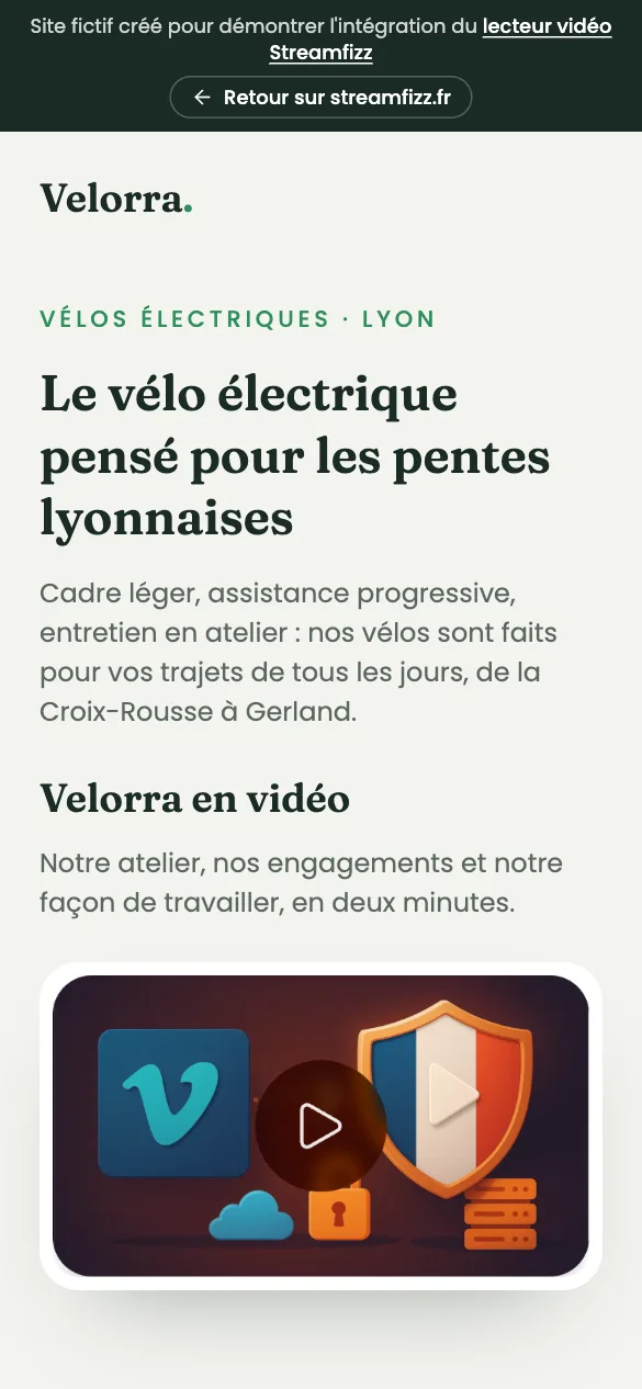 Site d'une entreprise fictive intégrant le lecteur vidéo Streamfizz en marque blanche