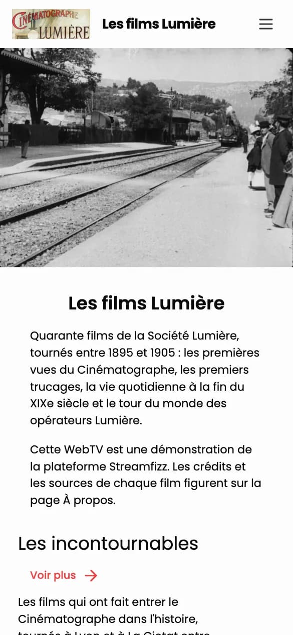 WebTV de démonstration Streamfizz : les films Lumière classés en rubriques thématiques