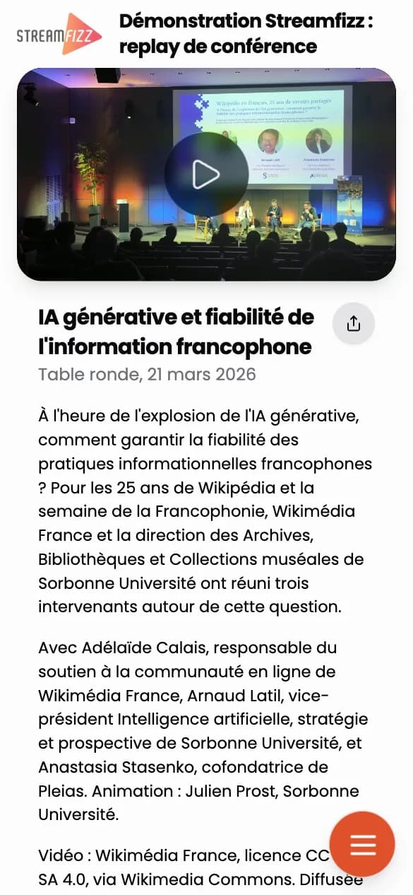 Page de lecture Streamfizz : replay d'une table ronde, partage sur les réseaux sociaux et questions du public modérées