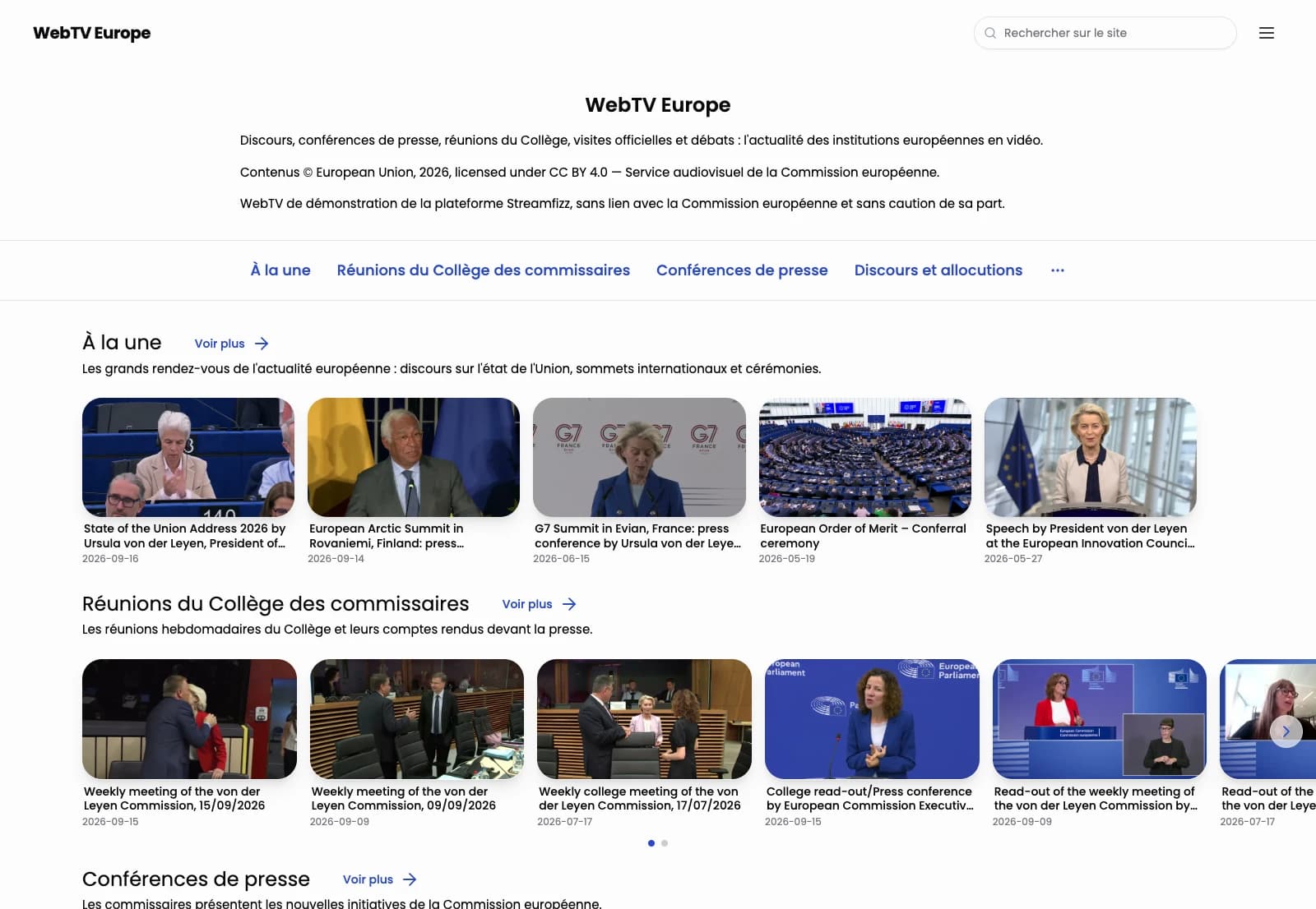 WebTV de démonstration Streamfizz : rubriques thématiques, recherche et carrousels de vidéos