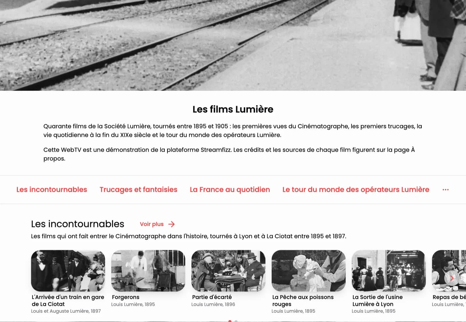 WebTV de démonstration Streamfizz : les films Lumière classés en rubriques thématiques