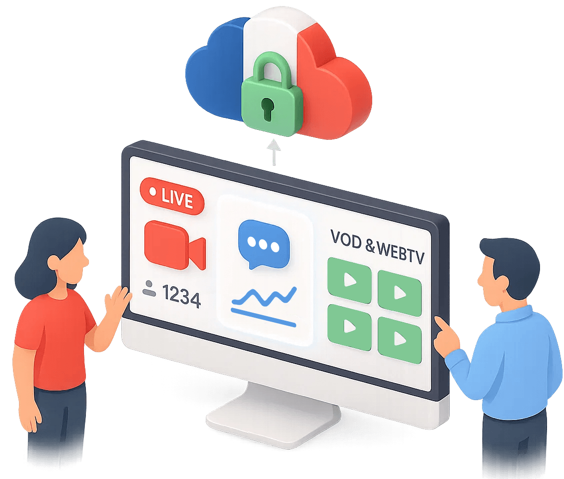 Illustration d’un homme et d’une femme devant un écran d’ordinateur affichant une interface de live streaming en direct, VOD et WebTV, avec une icône de cloud sécurisé aux couleurs de la France symbolisant l’hébergement vidéo sécurisé et la protection des données en France.