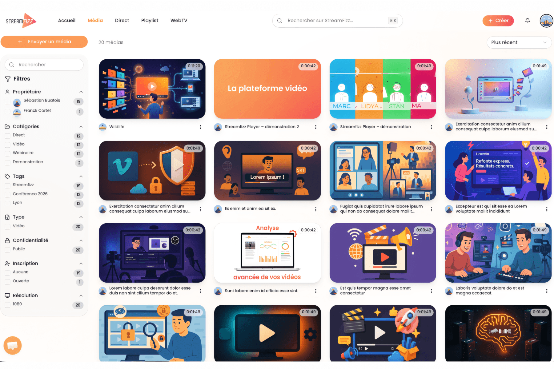 Interface de la plateforme Streamfizz montrant la gestion de médias vidéo