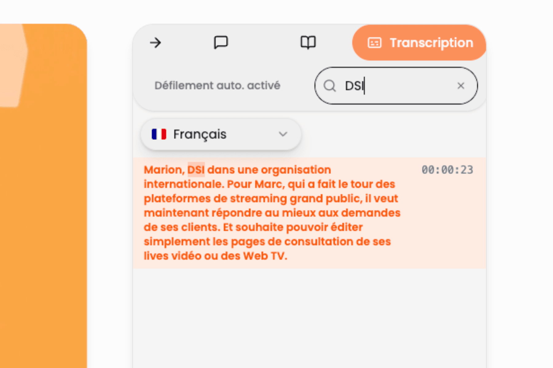 Recherche d'un passage dans la transcription depuis la page de lecture