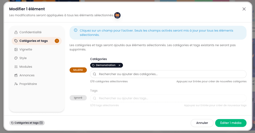Organiser ses médias - Actions de masse