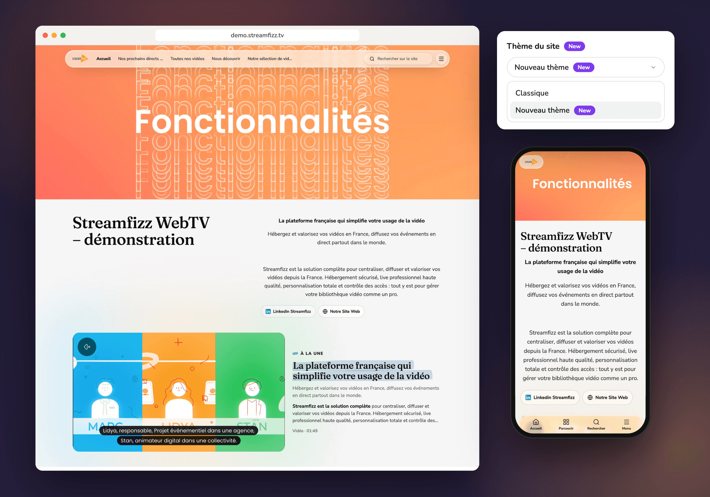 Le Nouveau thème sur la WebTV de démonstration Streamfizz, sur ordinateur et sur mobile, et le choix du thème dans le backoffice